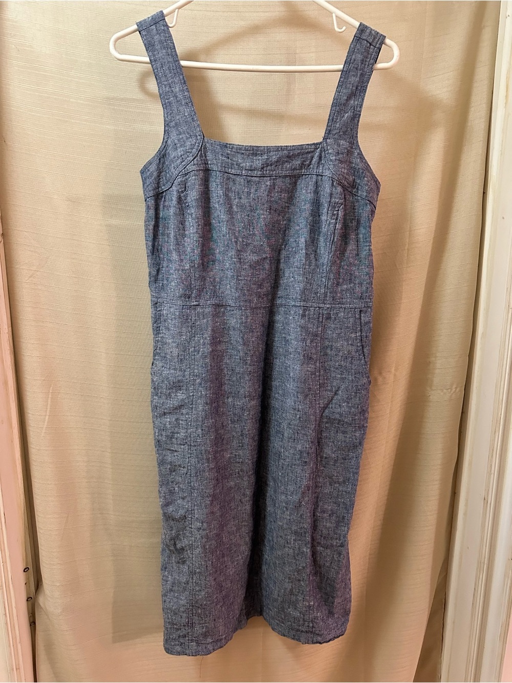 Elena Wang Chambray Linen Blend Shift Dress Pockets Blue Women’s Small Bohemian